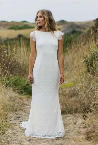 Vintage Country Boho Sheath Cap Sleeve Wedding Dress Elegant Simple Modest Bateau Neck Bridal Gown