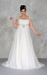 Cap-sleeve A-line Empire long plus size wedding dress With Beading And Court Train-708477
