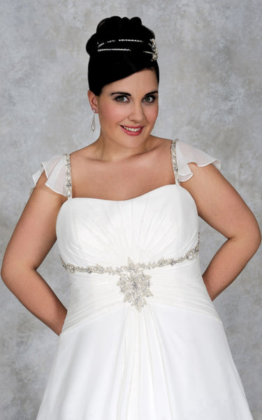 Cap-sleeve A-line Empire long plus size wedding dress With Beading And Court Train-708477
