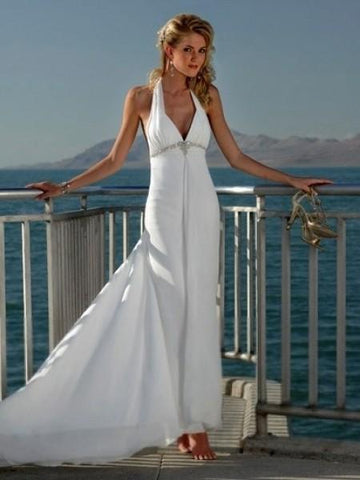 Empire V-neck Court Trains Sleeveless Tulle Beach Wedding Dresses for Brides-708701