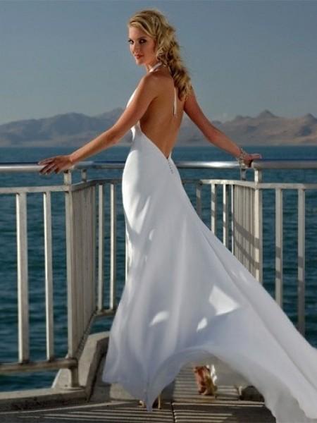 Empire V-neck Court Trains Sleeveless Tulle Beach Wedding Dresses for – DorrisDress