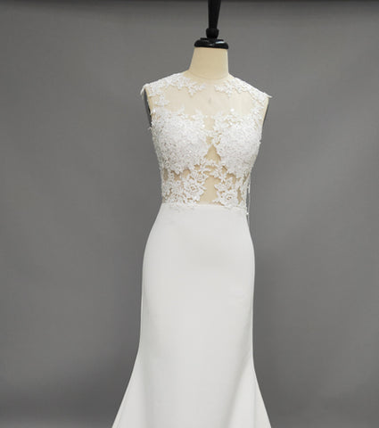 Trumpet Mermaid High Neck Satin Applique Sleeveless Sweep Brush Train Wedding Dresses-z708728