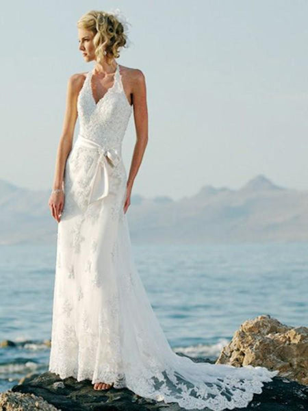 sheath Sleeveless Halter Court Train Lace Wedding Dresses-709139