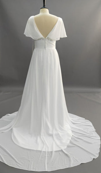 A-line V-neck Short Sleeves Beading Sweep Train Chiffon Beach Wedding Dress