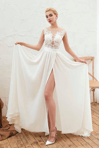 Illusion Lace Appliqued Cap Sleeve Elegant A-line Split Front Chiffon Bridal Gown