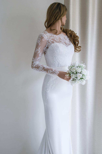 Elegant Bateau Lace Long Sleeve Sheath Wedding Dress With Sweep Train