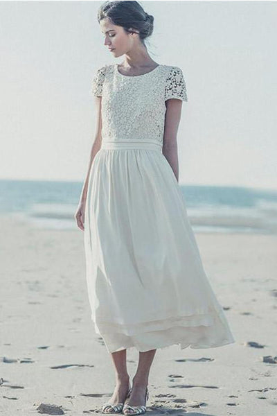 Newest White Lace A-line 2018 Wedding Dress Cap Sleeve Tea Length Jewel-710802