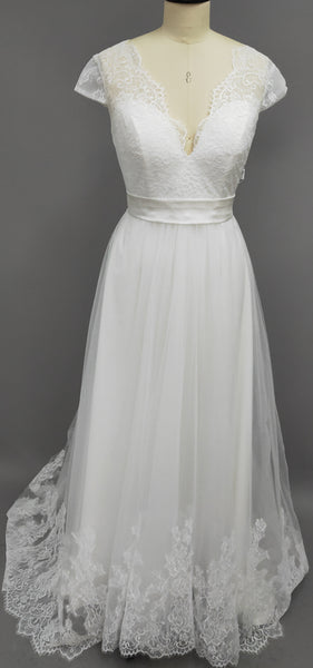 V-Neck Short Sleeve Lace And Tulle Dress With Sash And Bow-z710983