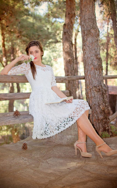 Jewel Half Illusion Sleeve A-Line Anckle-Length Lace Wedding Dress-711026