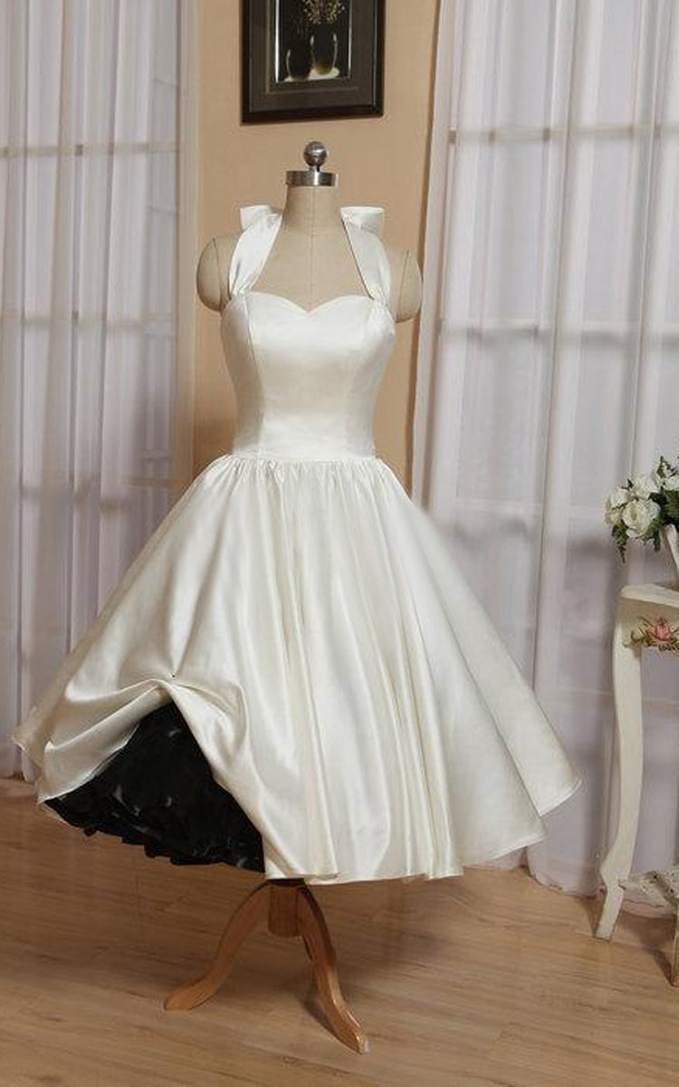 Halter Tea-Length Satin Wedding Dress With Bow And Lace-Up Back-711155 Halter Tea-Length Satin Wedding Dress With Bow And Lace-Up Back-711155