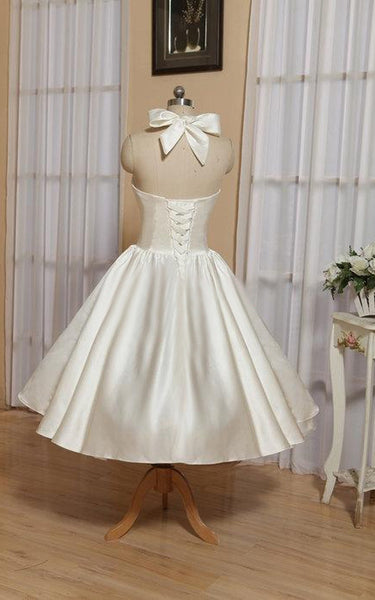 Halter Tea-Length Satin Wedding Dress With Bow And Lace-Up Back-711155