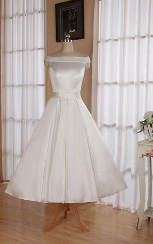 Wedding Ribbon Off-The-Shoulder Neckline 3-4-Length Sleeveless Dress-711192