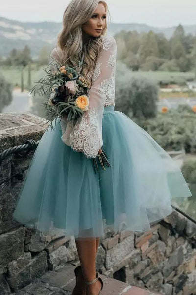 A-line Two Piece Long Sleeve Lace Tulle Illusion Tea-length Homecoming Dress