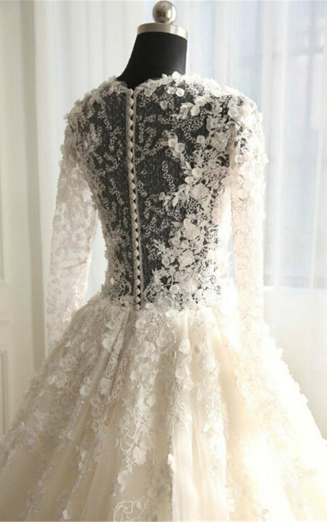 Long Sleeve Illusion Bodice Tulle Ball Gown Wedding Dress with Lace Ap –  DorrisDress