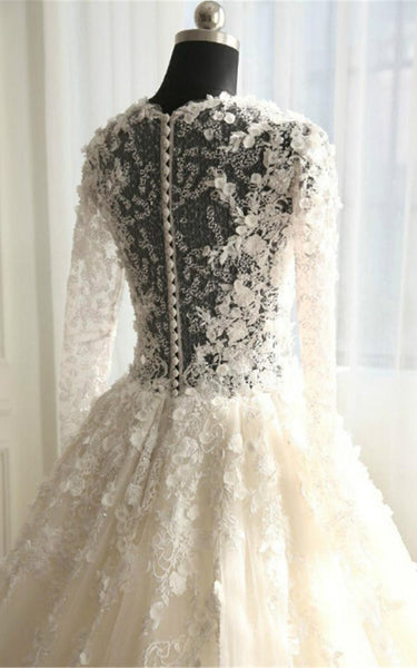 Long Sleeve Illusion Bodice Tulle Ball Gown Wedding Dress with Lace Applique-714020