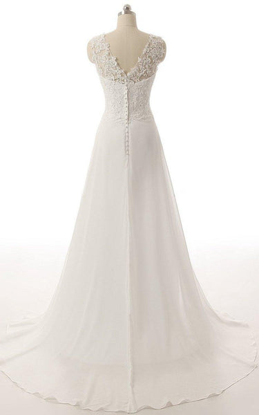 V-Neck Brush Train Lace and Chiffon A-Line Wedding Dress-713930