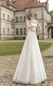 Scalloped Neckline Half Sleeve Floor-length A-line Lace-up Dress With Crystal Detailing-714071