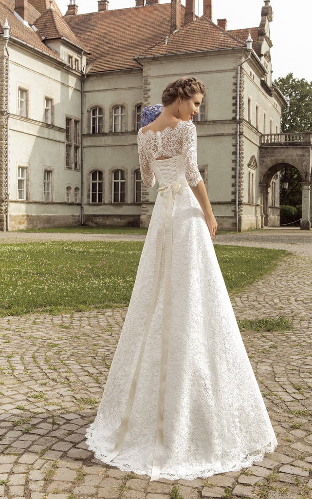 Scalloped Neckline Half Sleeve Floor-length A-line Lace-up Dress With DorrisDress Scalloped Neckline Half Sleeve Floor-length A-line Lace-up Dress With DorrisDress