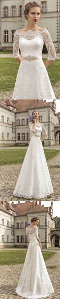 Scalloped Neckline Half Sleeve Floor-length A-line Lace-up Dress With Crystal Detailing-714071