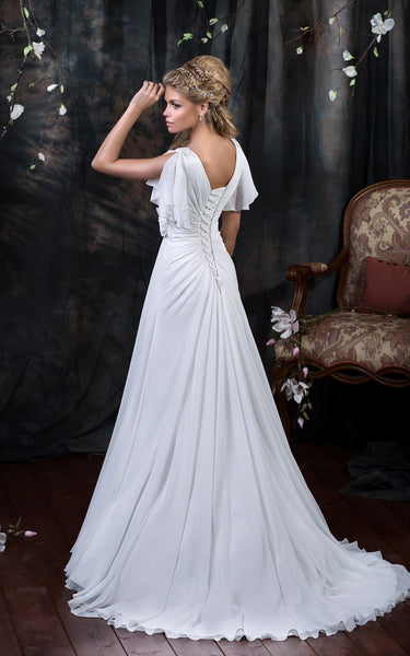 A-Line Floor-Length V-Neck Poet-Sleeve Corset-Back Chiffon Dress With Side Draping And Flower-714362