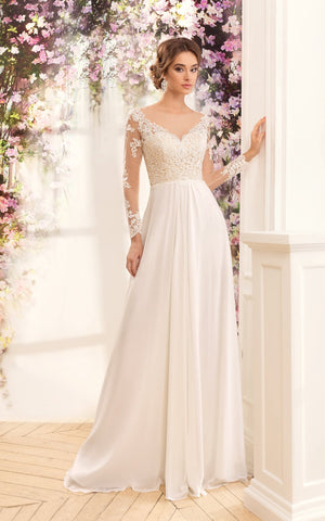 Long-Sleeve Appliqued Pleats Floor-Length A-Line Lace Dress-714440