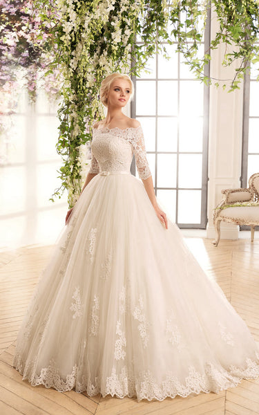 A-Line Floor-Length Off-The-Shoulder Half-Sleeve Illusion Lace Tulle Dress With Appliques-714442