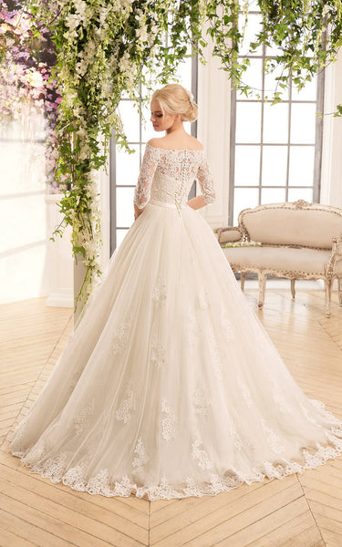 A-Line Floor-Length Off-The-Shoulder Half-Sleeve Illusion Lace Tulle Dress With Appliques-714442