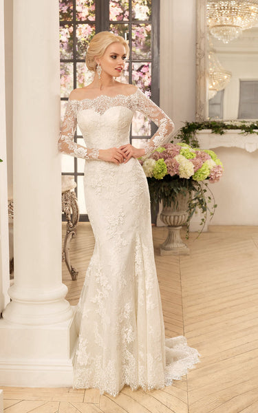 Sheath Long Off-The-Shoulder Long-Sleeve Illusion Lace Dress With Appliques-714444