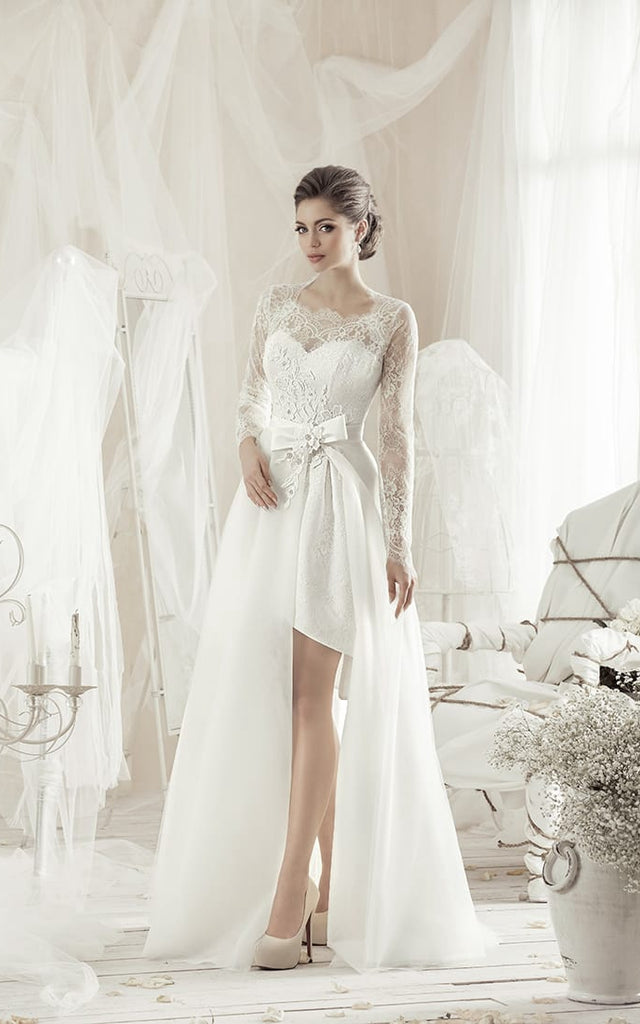 A-Line Knee-Length Square Long-Sleeve Lace Dress With Bow And Applique DorrisDress A-Line Knee-Length Square Long-Sleeve Lace Dress With Bow And Applique DorrisDress
