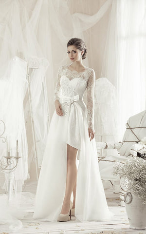 A-Line Knee-Length Square Long-Sleeve Lace Dress With Bow And Appliques-714587
