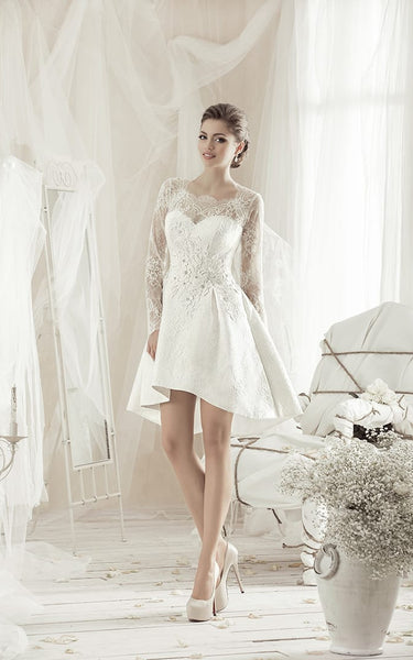 A-Line Knee-Length Square Long-Sleeve Lace Dress With Bow And Appliques-714587