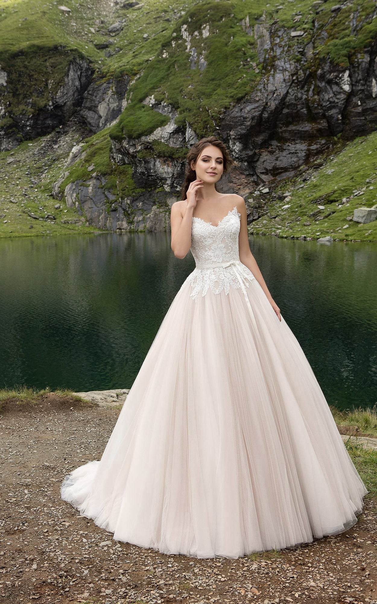 Tulle Lace Bodice Pleatings Romantic V-Neckline Gown-714643