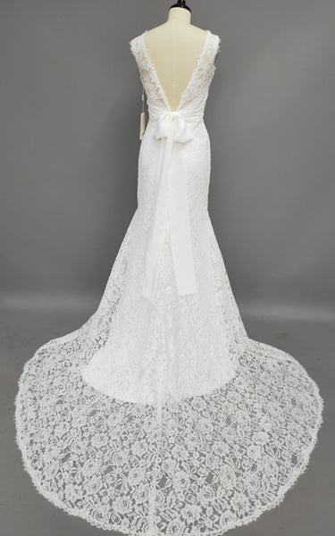 Jeweled Neck Sleeveless Sheath Lace Wedding Dress With Ruched Waist-714663