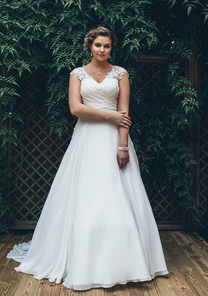 A-Line Long V-Neck Cap Chiffon Appliques Criss Cross Court Train Criss – DorrisDress