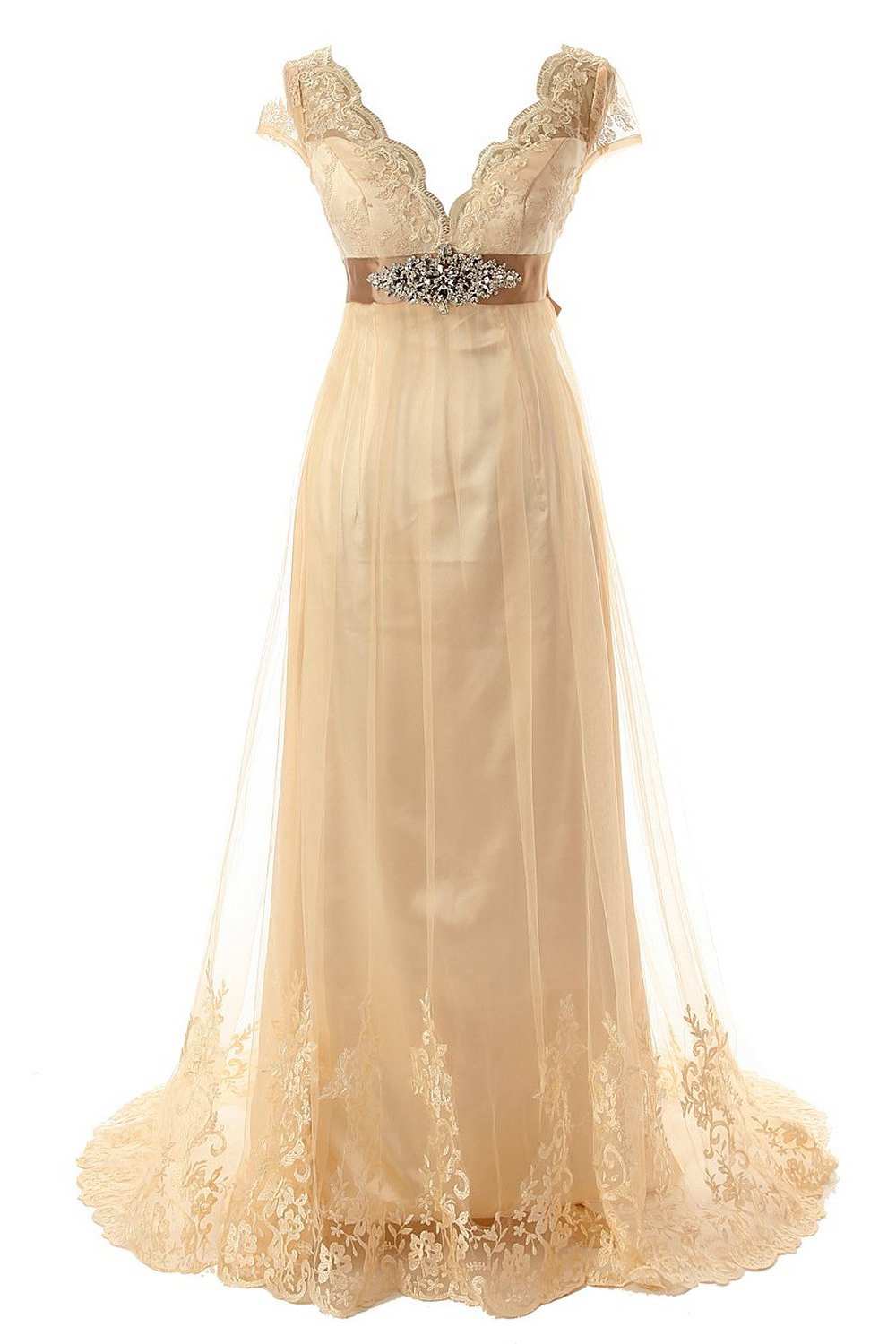 Cap Sleeve Low V Neck A-line Lace Gown With Beaded Belt-714854