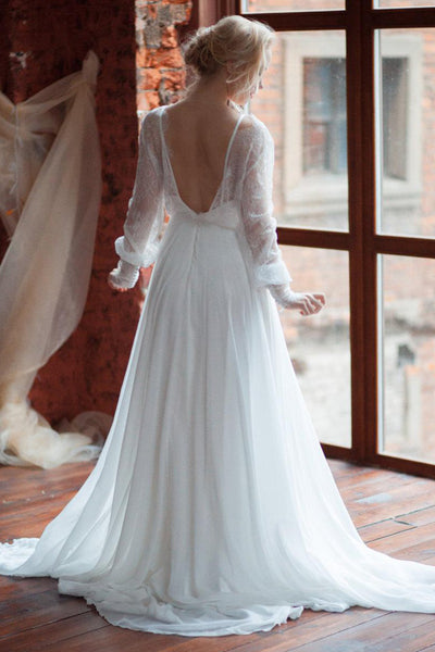 Plunged Lace Illusion Long Puff Sleeve Chiffon Wedding Dress With Sweep Train-714870