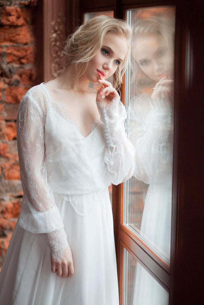 Plunged Lace Illusion Long Puff Sleeve Chiffon Wedding Dress With Swee DorrisDress Plunged Lace Illusion Long Puff Sleeve Chiffon Wedding Dress With Swee DorrisDress