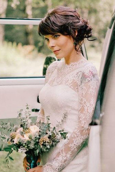 High Neck Lace Long Sleeve Knee-Length Wedding Dress-714900
