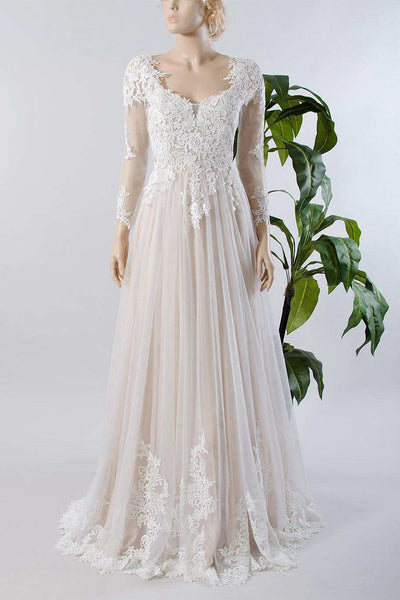 V-Neck Illusion Long Sleeve Lace Appliqued Tulle A-Line Pleated Wedding Dress-714967