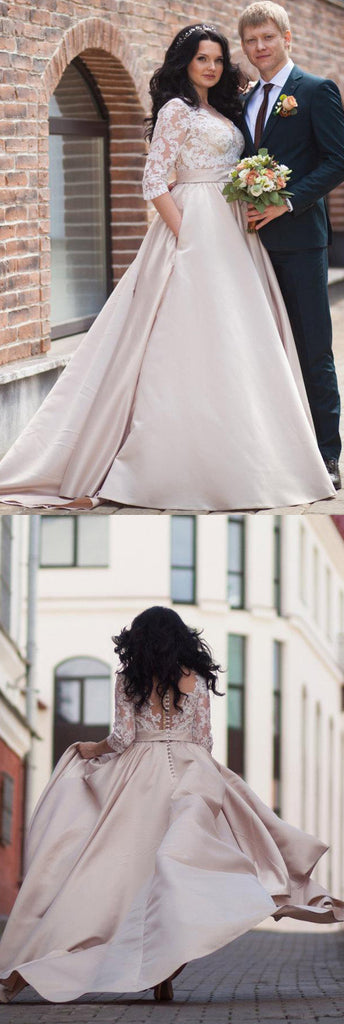 plus size long sleeve satin wedding dress Exquisite Sheer Long Sleeve A-Line Plus-Size Sparkling Wedding Dress HAREM's Brides