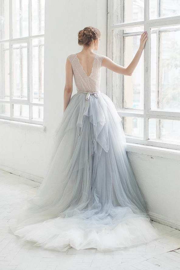 Bell Sleeve Tulle Satin Lace Wedding Dress-715074