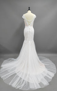 Gossamery Cap-Sleeve Illusion Tulle Wedding Dress With Lace And Court Train-715165