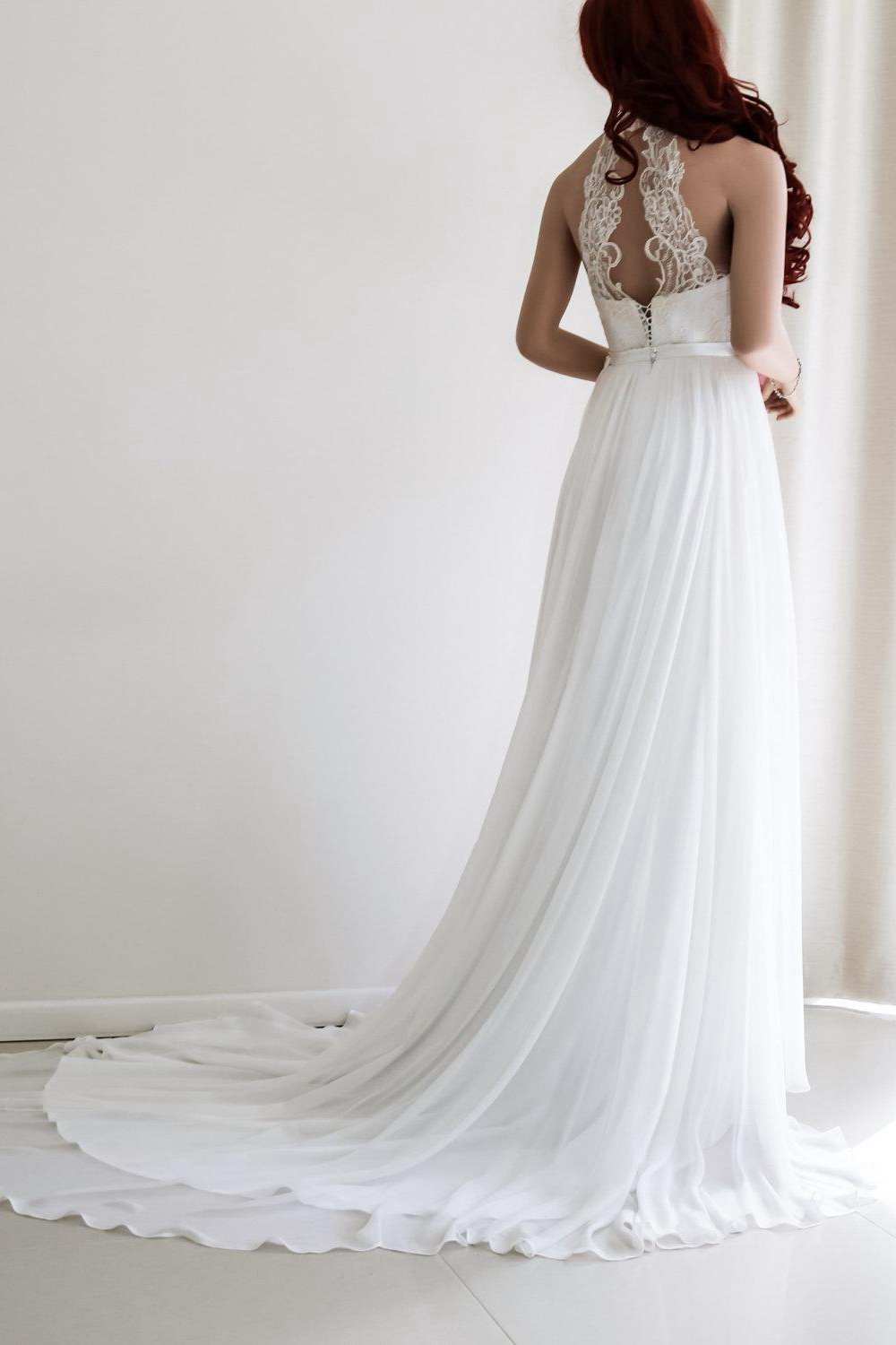 Lace Appliqued Haltered Empire Chiffon Pleated Wedding Dress With Sweep Train-715179