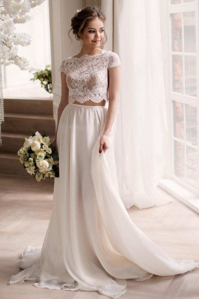 Bateau Short Sleeve Two-Piece Chiffon Wedding Dress With Lace Top-7152 – DorrisDress