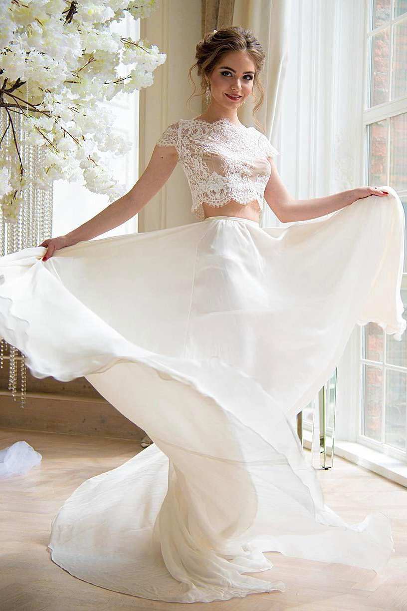 Bateau Short Sleeve Two-Piece Chiffon Wedding Dress With Lace Top-715217