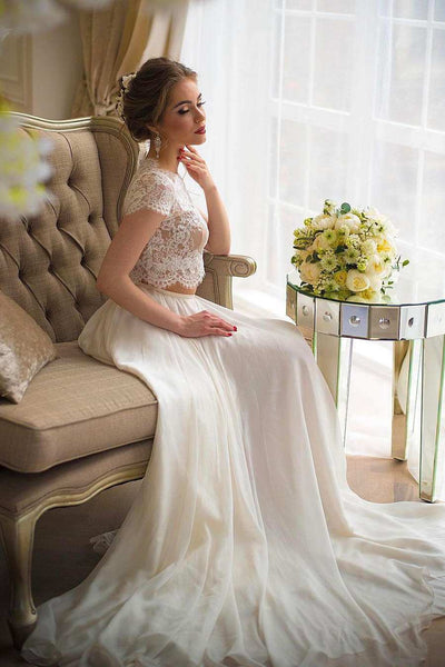 Bateau Short Sleeve Two-Piece Chiffon Wedding Dress With Lace Top-715217