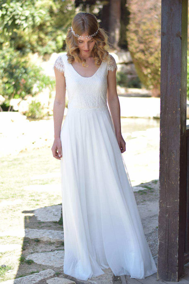 V-Neck Short Sleeve Chiffon Floor-Length Wedding Dress With Lace-71525 ...