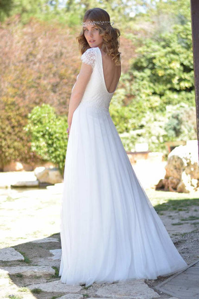 V-Neck Short Sleeve Chiffon Floor-Length Wedding Dress With Lace-715257