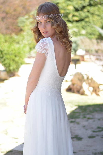 V-Neck Short Sleeve Chiffon Floor-Length Wedding Dress With Lace-715257