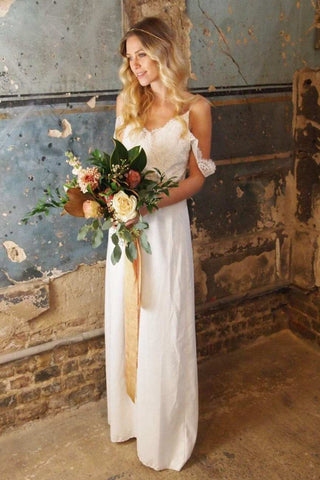 Casual Sheath Chiffon Spaghetti Wedding Dress With Lace Top-715259